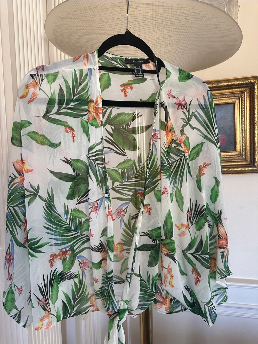 Forever 21 White Floral Tropical Kimono with Green & Coral Print